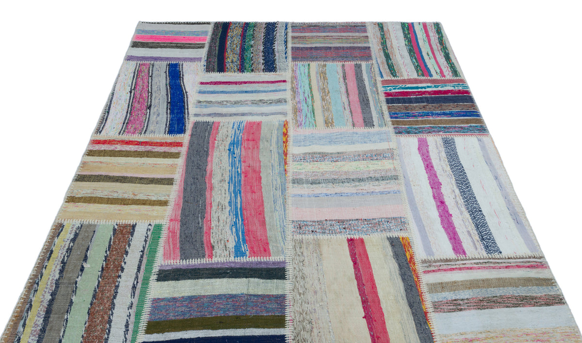Striped Over Dyed Kilim Patchwork Unique Rug 5&#39;3&#39;&#39; x 7&#39;7&#39;&#39; ft 160 x 230 cm