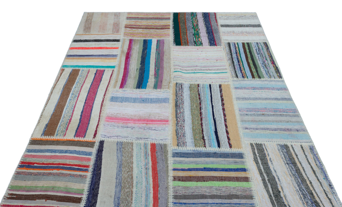 Striped Over Dyed Kilim Patchwork Unique Rug 5&#39;3&#39;&#39; x 7&#39;5&#39;&#39; ft 160 x 226 cm