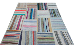 Striped Over Dyed Kilim Patchwork Unique Rug 5'3'' x 7'5'' ft 160 x 226 cm