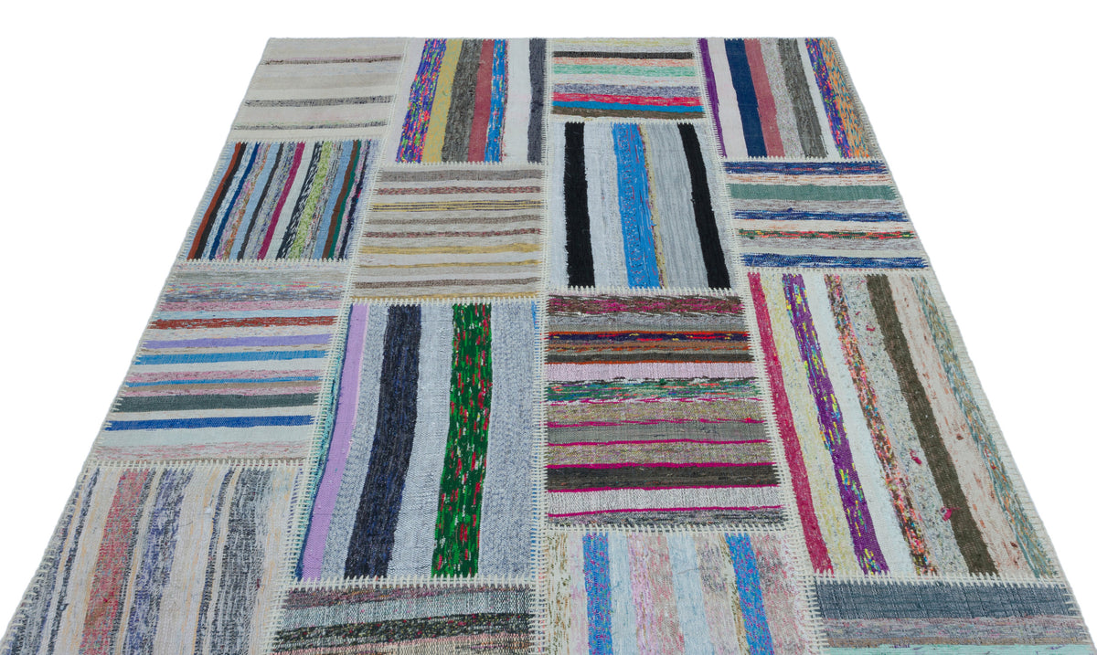 Striped Over Dyed Kilim Patchwork Unique Rug 5&#39;3&#39;&#39; x 7&#39;5&#39;&#39; ft 160 x 226 cm