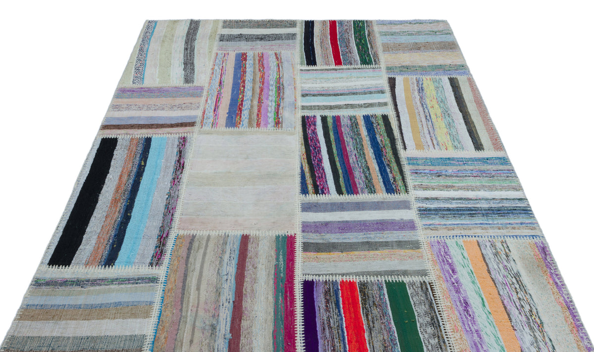 Striped Over Dyed Kilim Patchwork Unique Rug 5&#39;3&#39;&#39; x 7&#39;6&#39;&#39; ft 160 x 228 cm