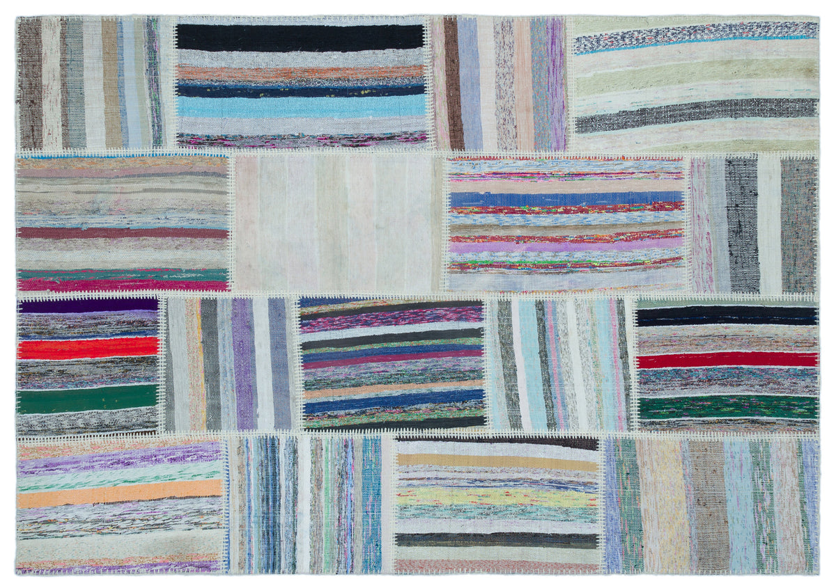 Striped Over Dyed Kilim Patchwork Unique Rug 5&#39;3&#39;&#39; x 7&#39;6&#39;&#39; ft 160 x 228 cm