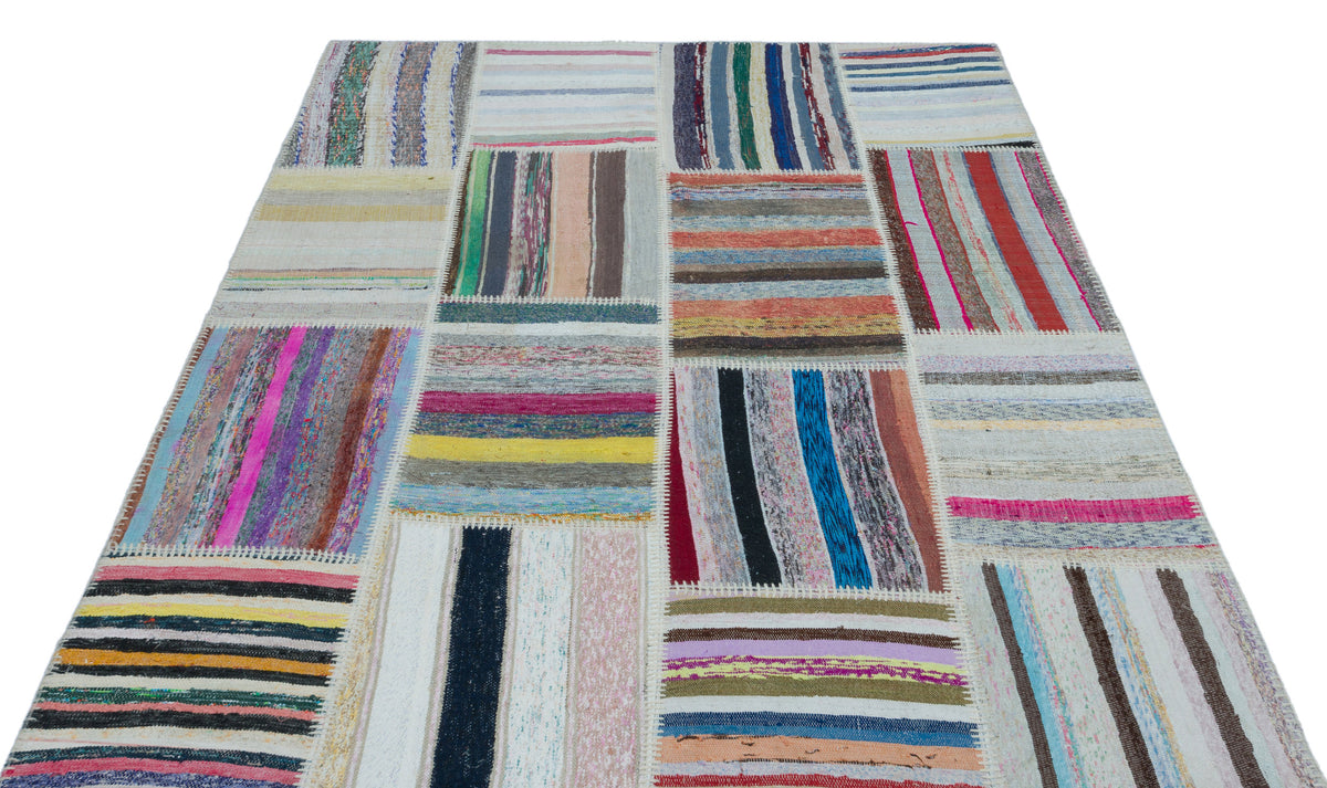 Striped Over Dyed Kilim Patchwork Unique Rug 5&#39;3&#39;&#39; x 7&#39;5&#39;&#39; ft 160 x 225 cm