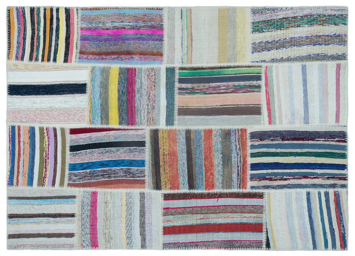 Striped Over Dyed Kilim Patchwork Unique Rug 5&#39;3&#39;&#39; x 7&#39;5&#39;&#39; ft 160 x 225 cm