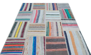 Striped Over Dyed Kilim Patchwork Unique Rug 5'3'' x 7'4'' ft 160 x 224 cm