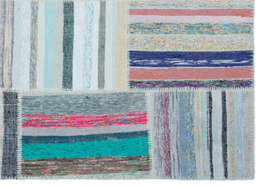 Striped Over Dyed Kilim Patchwork Unique Rug 5'3'' x 7'4'' ft 160 x 224 cm