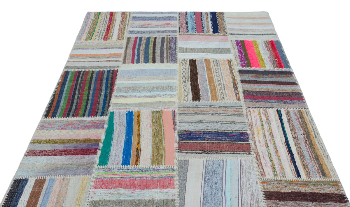 Striped Over Dyed Kilim Patchwork Unique Rug 5&#39;3&#39;&#39; x 7&#39;5&#39;&#39; ft 160 x 226 cm