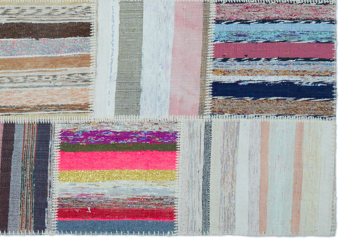 Striped Over Dyed Kilim Patchwork Unique Rug 5&#39;3&#39;&#39; x 7&#39;5&#39;&#39; ft 160 x 226 cm