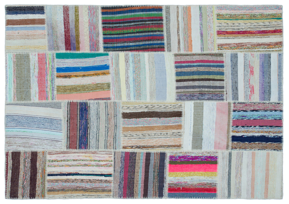 Striped Over Dyed Kilim Patchwork Unique Rug 5&#39;3&#39;&#39; x 7&#39;5&#39;&#39; ft 160 x 226 cm
