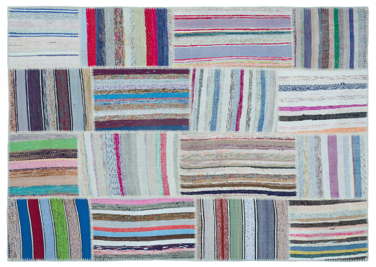 Striped Over Dyed Kilim Patchwork Unique Rug 5&#39;3&#39;&#39; x 7&#39;5&#39;&#39; ft 160 x 226 cm