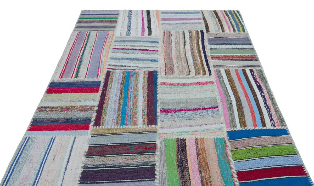 Striped Over Dyed Kilim Patchwork Unique Rug 5&#39;3&#39;&#39; x 7&#39;5&#39;&#39; ft 160 x 226 cm