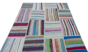 Striped Over Dyed Kilim Patchwork Unique Rug 5'3'' x 7'5'' ft 160 x 226 cm