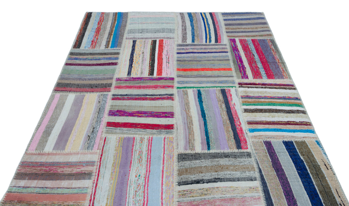 Striped Over Dyed Kilim Patchwork Unique Rug 5&#39;3&#39;&#39; x 7&#39;7&#39;&#39; ft 160 x 230 cm
