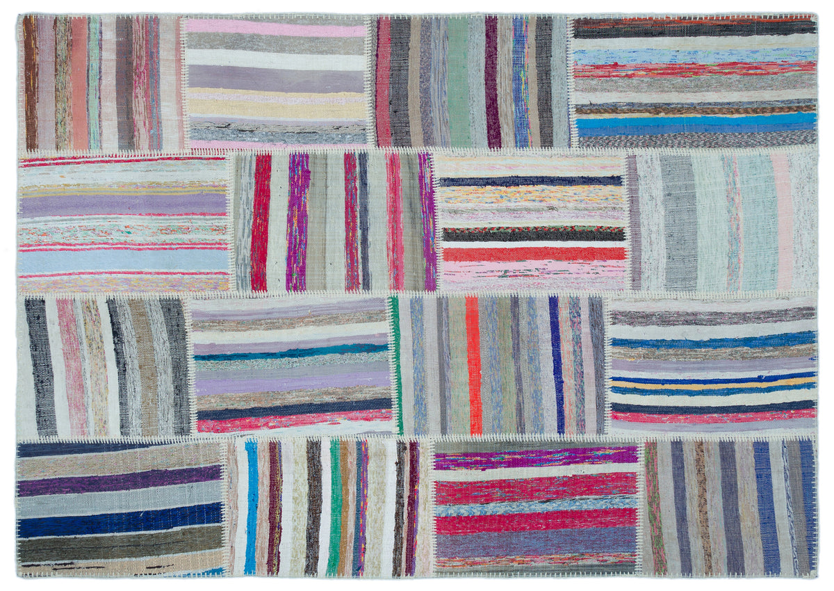 Striped Over Dyed Kilim Patchwork Unique Rug 5&#39;3&#39;&#39; x 7&#39;7&#39;&#39; ft 160 x 230 cm