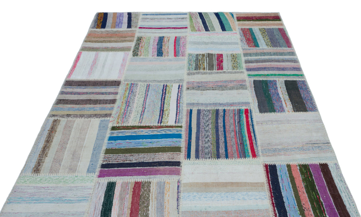 Striped Over Dyed Kilim Patchwork Unique Rug 5&#39;3&#39;&#39; x 7&#39;4&#39;&#39; ft 160 x 223 cm