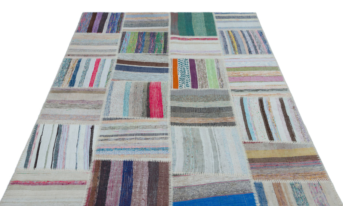 Striped Over Dyed Kilim Patchwork Unique Rug 5&#39;3&#39;&#39; x 7&#39;7&#39;&#39; ft 160 x 230 cm