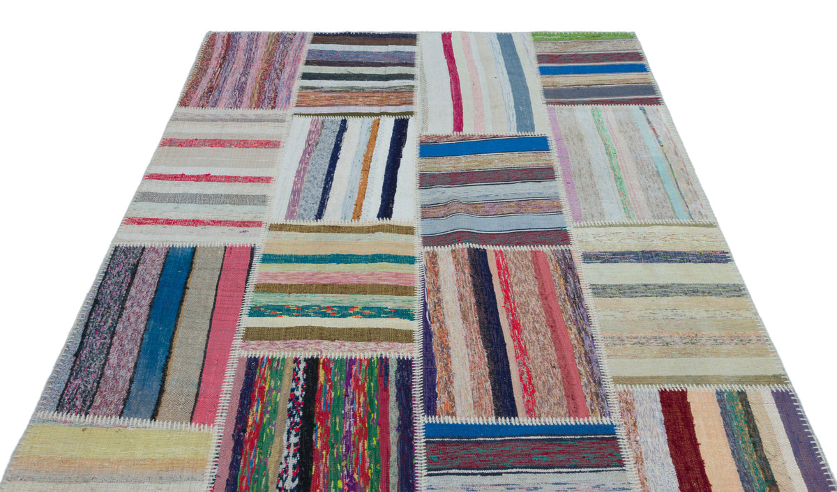 Striped Over Dyed Kilim Patchwork Unique Rug 5&#39;3&#39;&#39; x 7&#39;5&#39;&#39; ft 160 x 225 cm