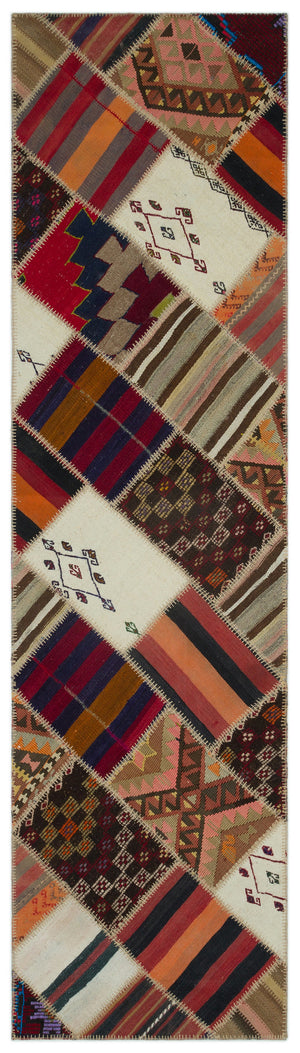 Striped Over Dyed Kilim Patchwork Unique Rug 2'8'' x 9'11'' ft 81 x 301 cm