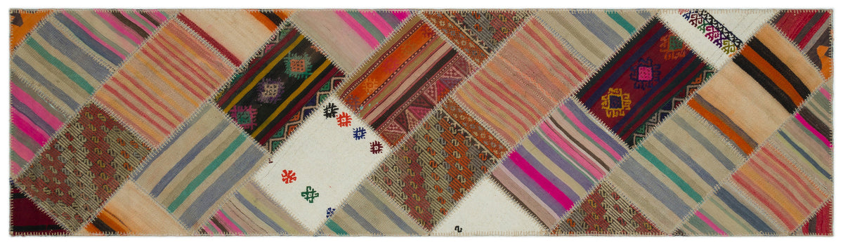 Striped Over Dyed Kilim Patchwork Unique Rug 2&#39;8&#39;&#39; x 9&#39;10&#39;&#39; ft 82 x 300 cm