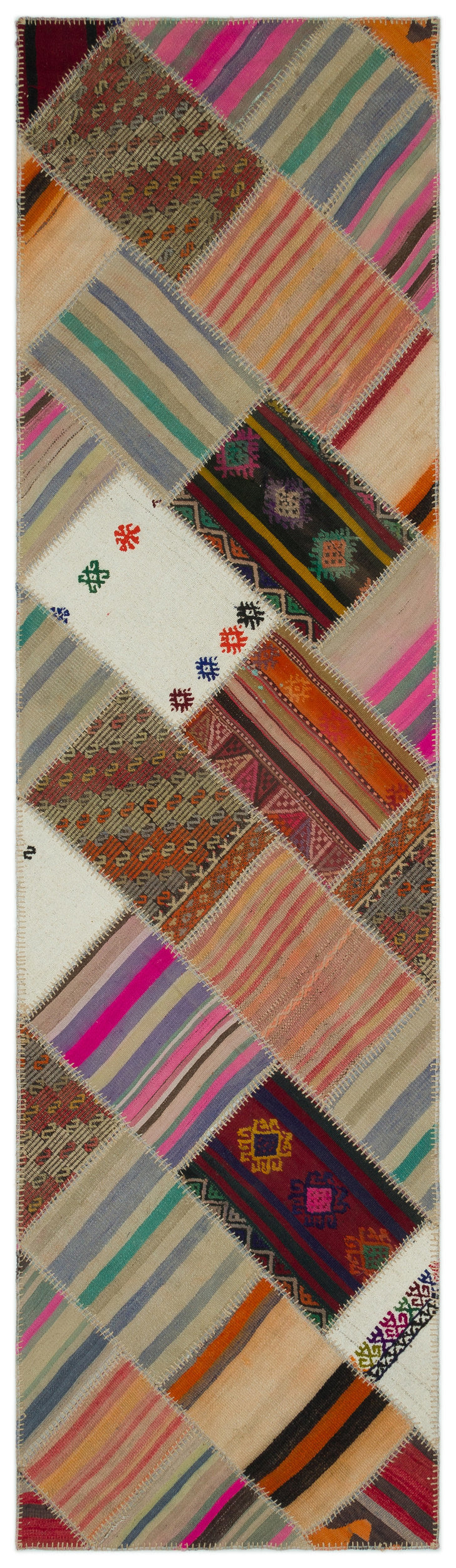 Striped Over Dyed Kilim Patchwork Unique Rug 2&#39;8&#39;&#39; x 9&#39;10&#39;&#39; ft 82 x 300 cm