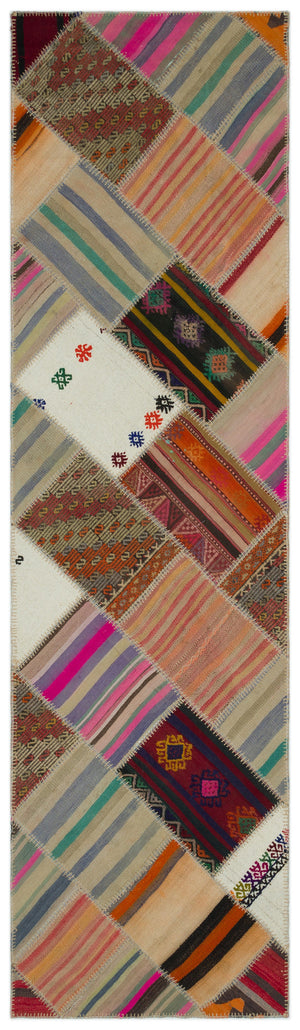 Striped Over Dyed Kilim Patchwork Unique Rug 2'8'' x 9'10'' ft 82 x 300 cm