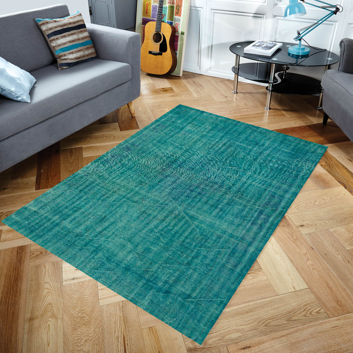 Turquoise Over Dyed Rug  I Plain Rug | Turkish Rug | Hand Weaving Rug  | Living Room Rug | Wool Rug | Vintage Rug | Tumbled Rug  | Naturel Rug | Boho Rug I 6&#39;2&#39;&#39; x 9&#39;9&#39;&#39; ft 187 x 298 cm