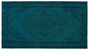 Turquoise  Over Dyed Vintage Rug 4'11'' x 8'11'' ft 150 x 272 cm