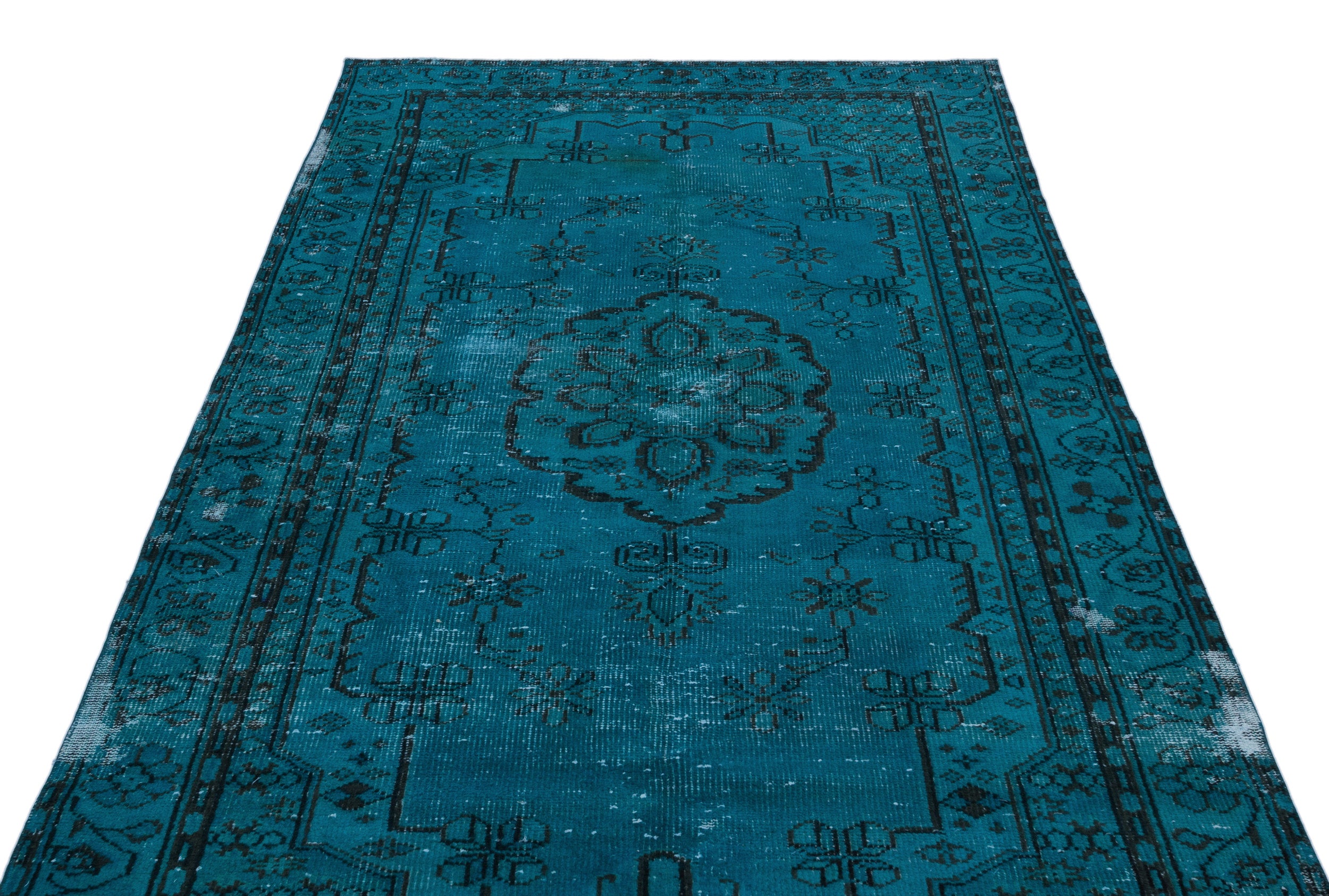 Turquoise  Over Dyed Vintage Rug 4'12'' x 9'3'' ft 152 x 283 cm