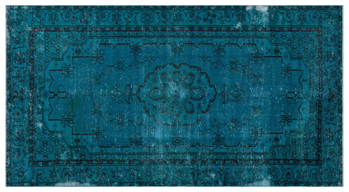 Turquoise  Over Dyed Vintage Rug 4&#39;12&#39;&#39; x 9&#39;3&#39;&#39; ft 152 x 283 cm
