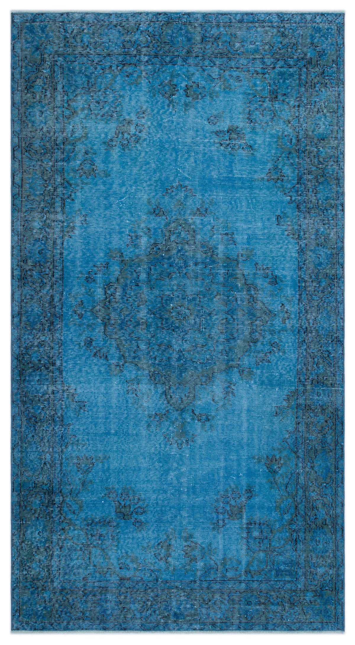 Turquoise  Over Dyed Vintage Rug 4&#39;4&#39;&#39; x 8&#39;2&#39;&#39; ft 132 x 250 cm