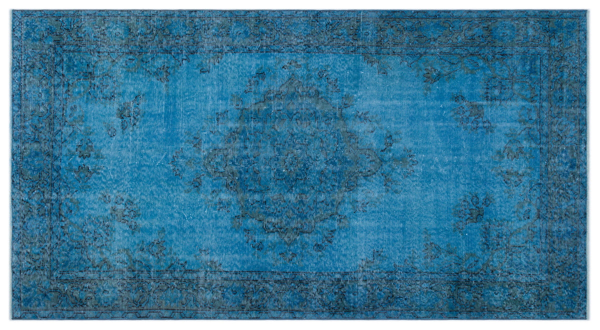 Turquoise  Over Dyed Vintage Rug 4&#39;4&#39;&#39; x 8&#39;2&#39;&#39; ft 132 x 250 cm