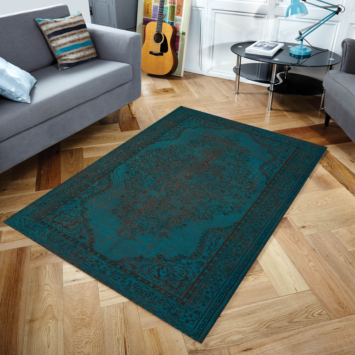 Cyan Over Dyed Rug I Traditional Design Rug | Turkish Rug | Hand Weaving Rug  | Bedroom Rug | Wool Rug | Vintage Rug | Tumbled Rug  | Naturel Rug | Boho Rug I 6&#39;5&#39;&#39; x 9&#39;6&#39;&#39; ft 195 x 290 cm