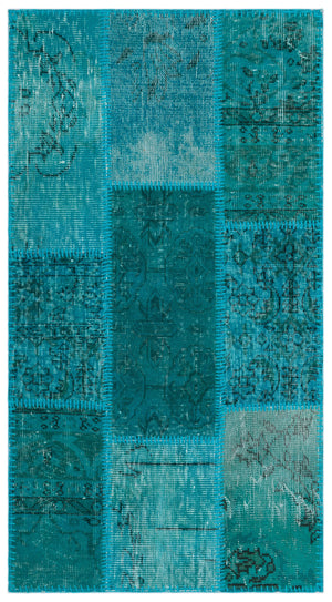 Turquoise  Over Dyed Patchwork Unique Rug 2'7'' x 4'11'' ft 80 x 150 cm