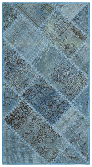 Blue Over Dyed Patchwork Unique Rug 2'7'' x 4'11'' ft 80 x 150 cm