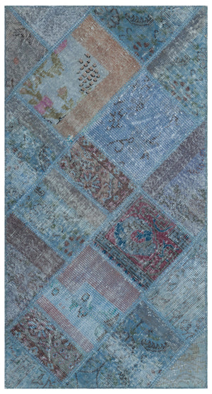 Blue Over Dyed Patchwork Unique Rug 2'7'' x 4'11'' ft 80 x 150 cm