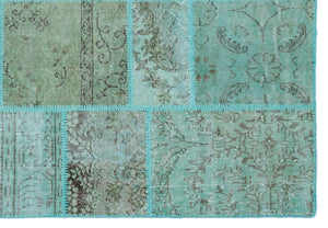 Turquoise  Over Dyed Patchwork Unique Rug 5'3'' x 7'7'' ft 160 x 230 cm