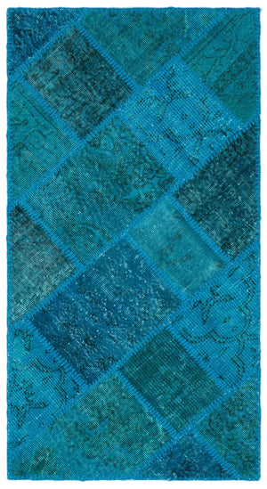 Turquoise  Over Dyed Patchwork Unique Rug 2'7'' x 4'11'' ft 80 x 150 cm