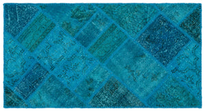 Turquoise  Over Dyed Patchwork Unique Rug 2'7'' x 4'11'' ft 80 x 150 cm
