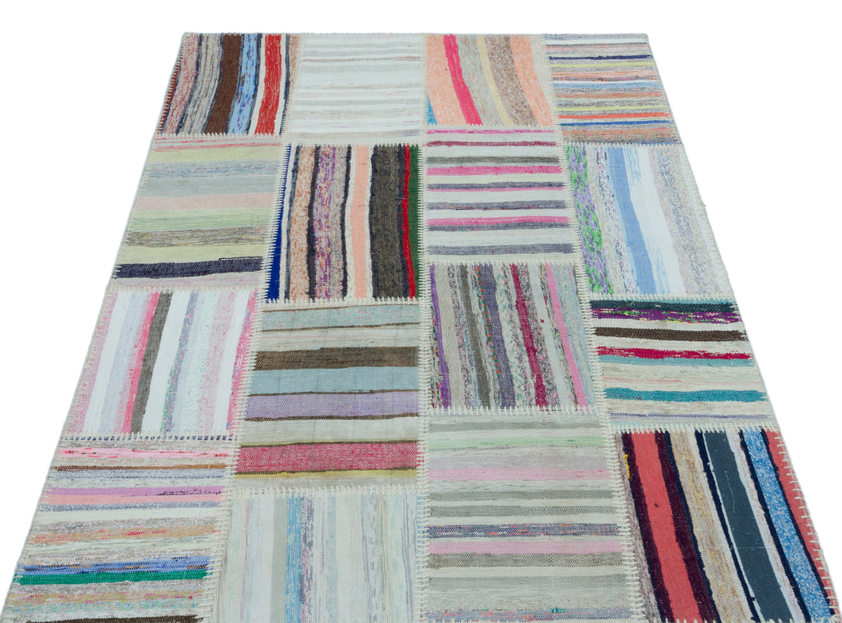 Striped Over Dyed Kilim Patchwork Unique Rug 3&#39;11&#39;&#39; x 5&#39;11&#39;&#39; ft 120 x 180 cm