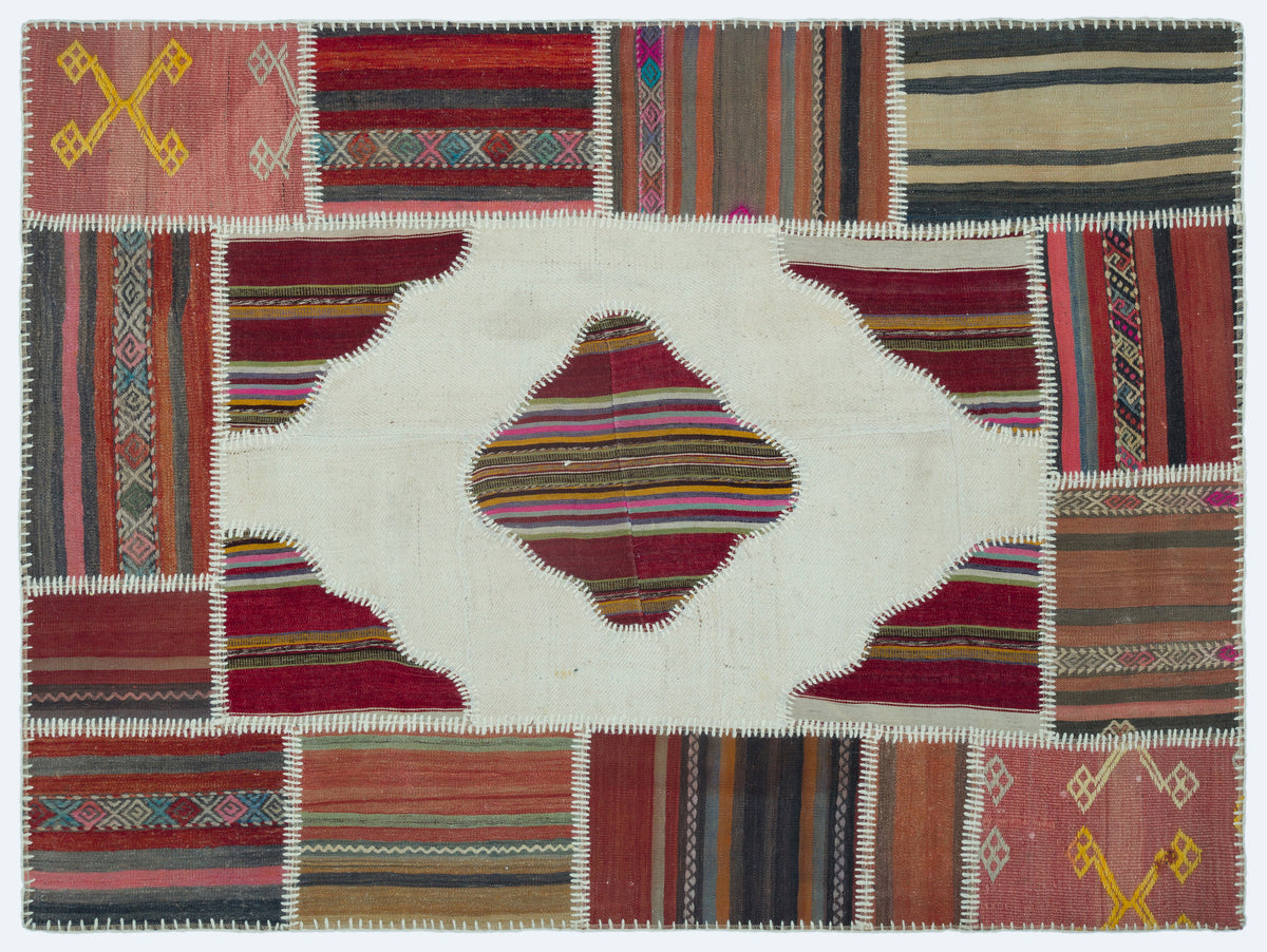 Naturel Over Dyed Kilim Patchwork Unique Rug 4&#39;4&#39;&#39; x 5&#39;10&#39;&#39; ft 133 x 177 cm