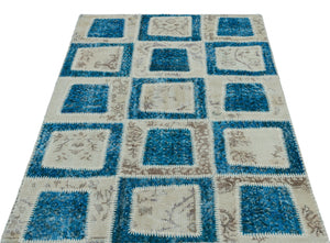 Turquoise  Over Dyed Patchwork Unique Rug 3'11'' x 5'11'' ft 120 x 180 cm