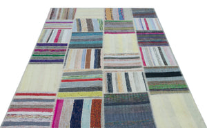 Striped Over Dyed Kilim Patchwork Unique Rug 5'2'' x 7'3'' ft 158 x 220 cm