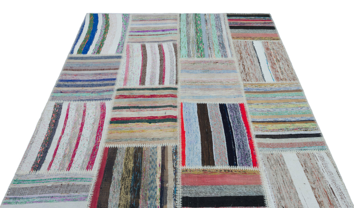 Striped Over Dyed Kilim Patchwork Unique Rug 5&#39;3&#39;&#39; x 7&#39;3&#39;&#39; ft 160 x 222 cm