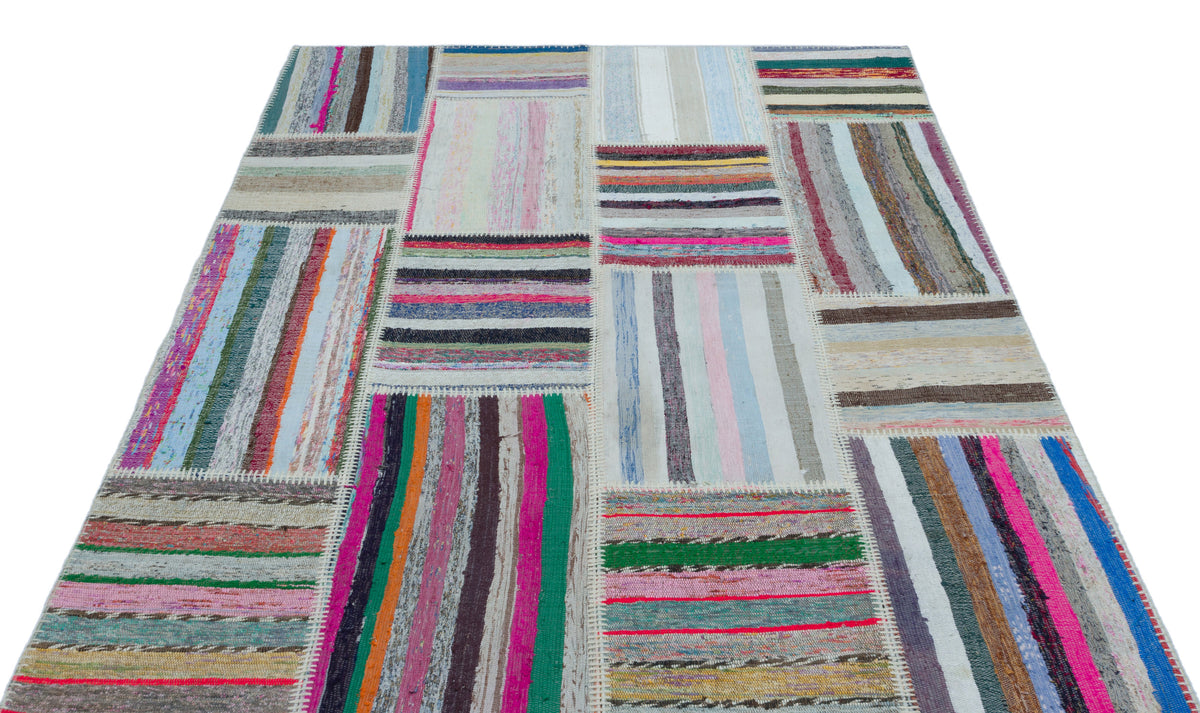 Striped Over Dyed Kilim Patchwork Unique Rug 5&#39;3&#39;&#39; x 7&#39;3&#39;&#39; ft 160 x 220 cm