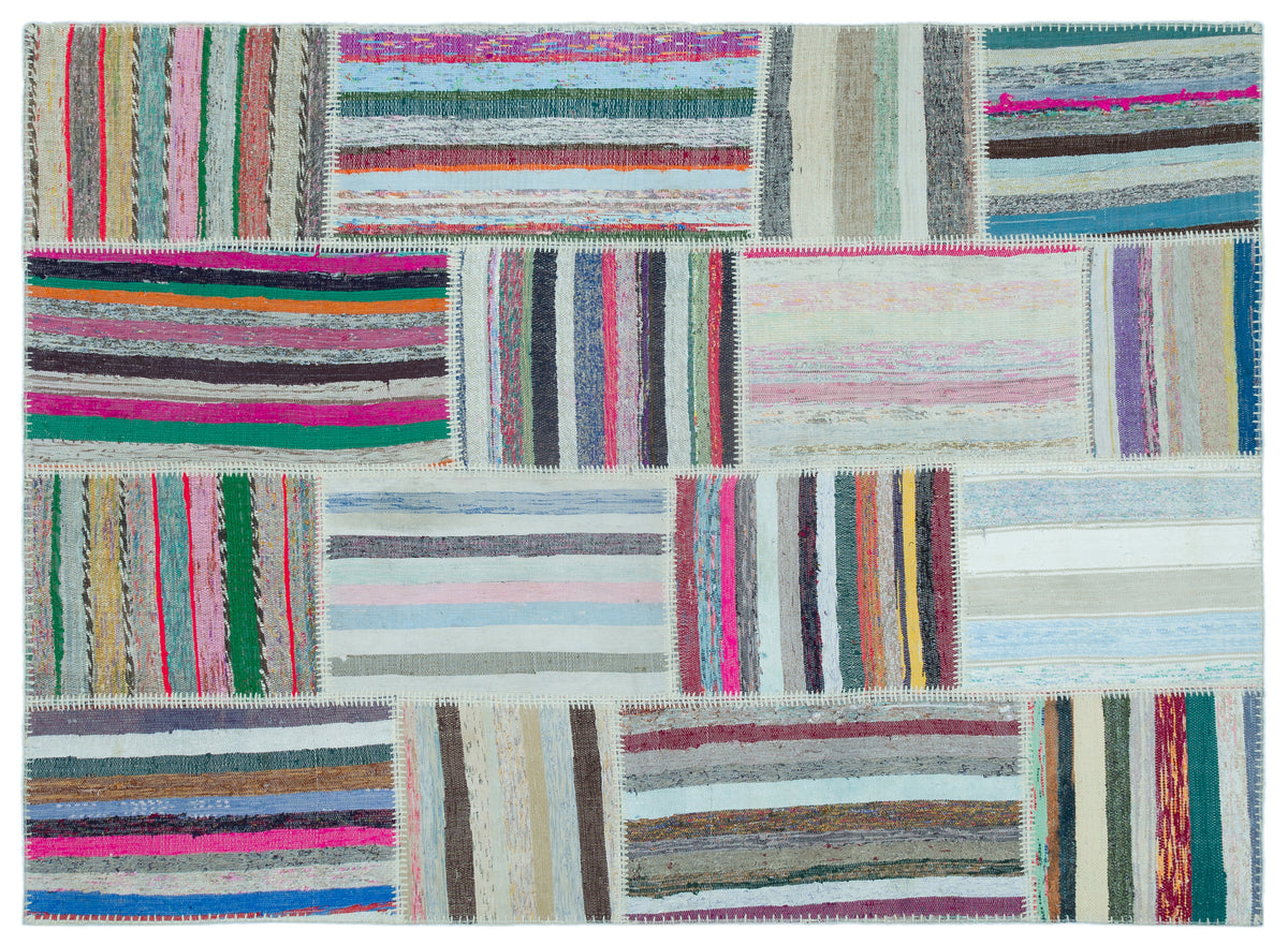 Striped Over Dyed Kilim Patchwork Unique Rug 5&#39;3&#39;&#39; x 7&#39;3&#39;&#39; ft 160 x 220 cm