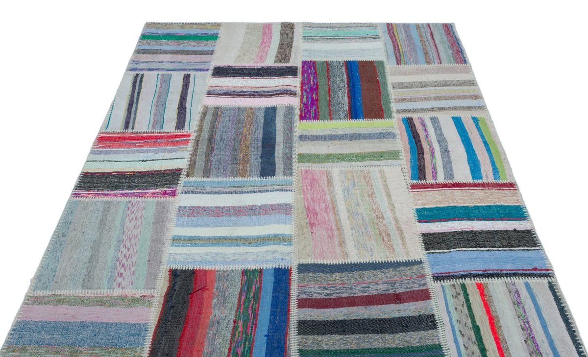 Striped Over Dyed Kilim Patchwork Unique Rug 5&#39;3&#39;&#39; x 7&#39;3&#39;&#39; ft 159 x 220 cm