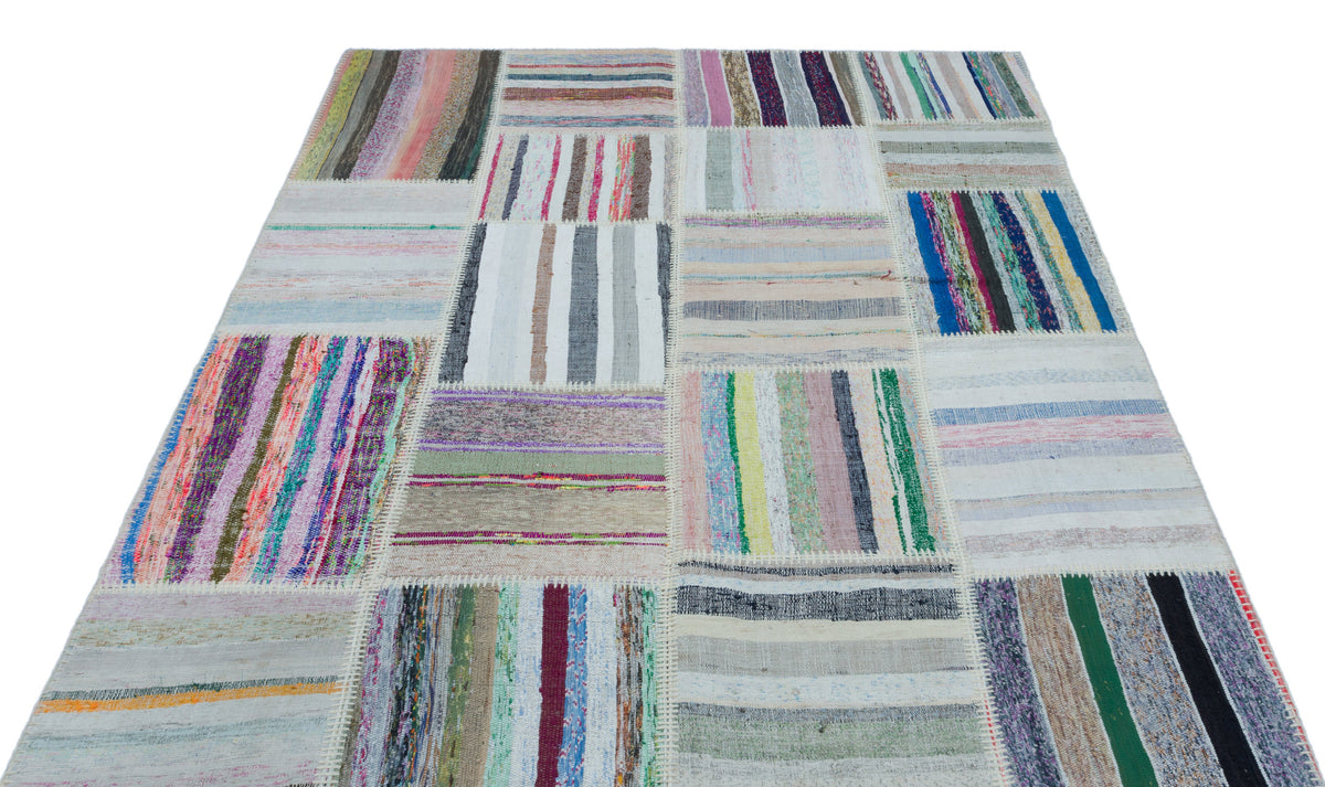 Striped Over Dyed Kilim Patchwork Unique Rug 5&#39;3&#39;&#39; x 7&#39;3&#39;&#39; ft 160 x 221 cm