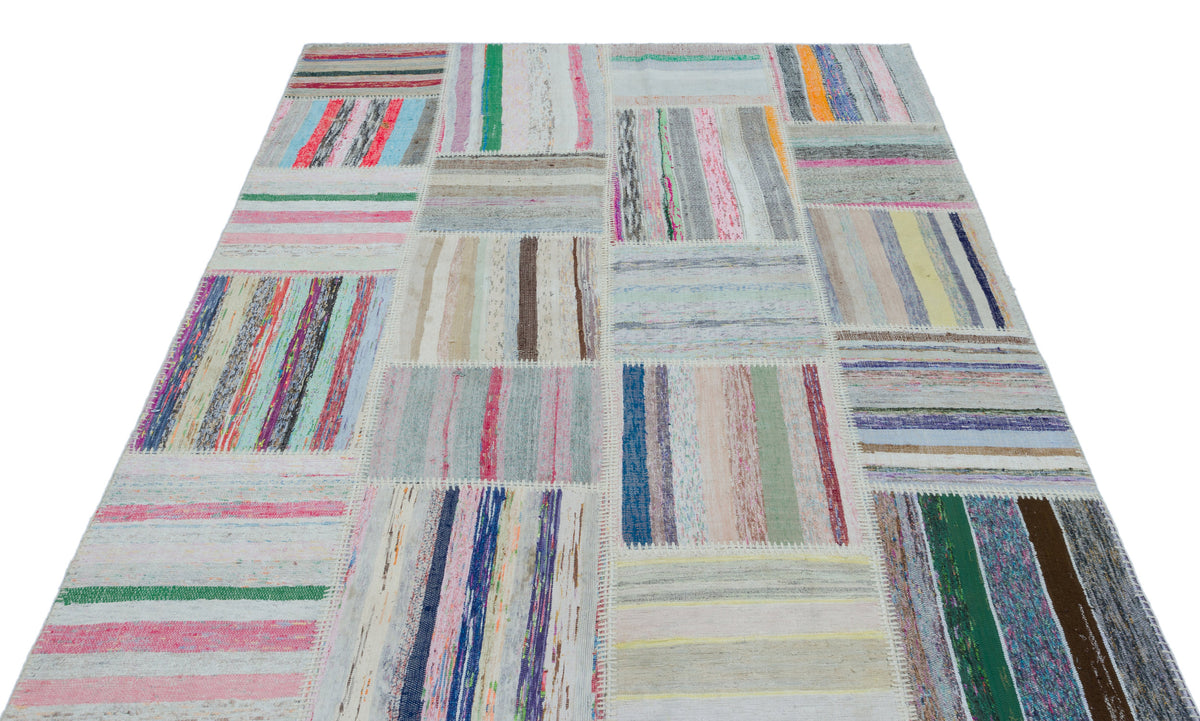 Striped Over Dyed Kilim Patchwork Unique Rug 5&#39;3&#39;&#39; x 7&#39;3&#39;&#39; ft 160 x 222 cm