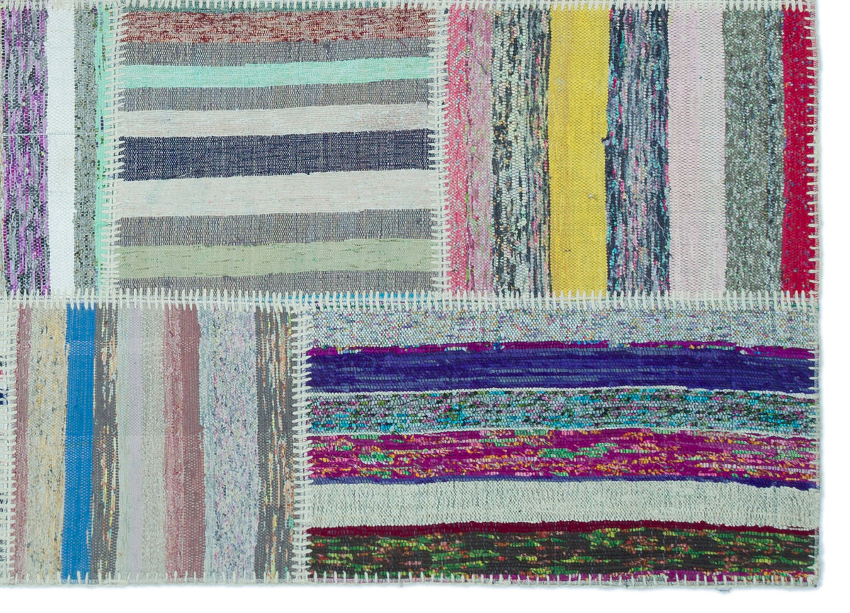 Striped Over Dyed Kilim Patchwork Unique Rug 5&#39;2&#39;&#39; x 7&#39;3&#39;&#39; ft 158 x 222 cm