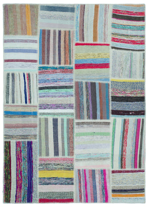 Striped Over Dyed Kilim Patchwork Unique Rug 5'2'' x 7'3'' ft 158 x 222 cm